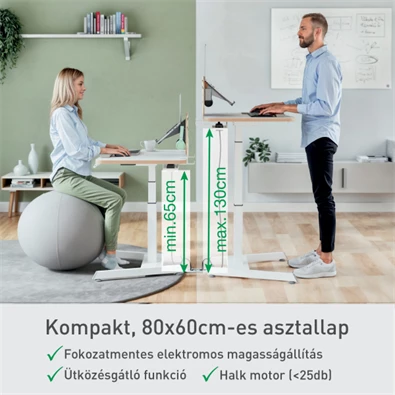 Leitz Ergo kisméretű fehér felállásra emlékeztetővel ellátott elektromos ülő-álló asztal Leitz Ergo kisméretű fehér felállásra emlékeztetővel ellátott elektromos ülő-álló asztal