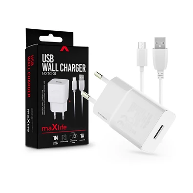 Maxlife TF-0102 univerzális fehér hálózati töltő adapter + 1m microUSB töltő és adatkábel Maxlife TF-0102 univerzális fehér hálózati töltő adapter + 1m microUSB töltő és adatkábel