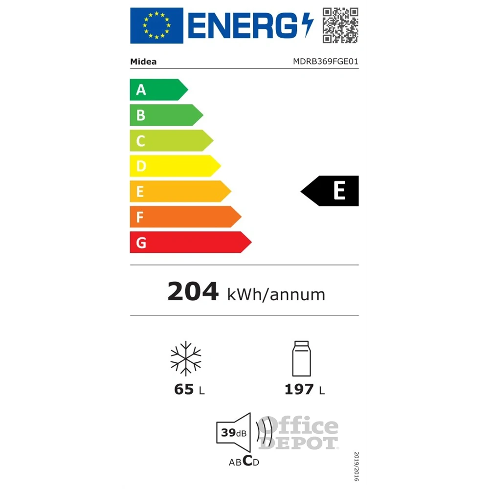 Midea MDRB369FGE01 fehér, alulfagyasztós, Hűtő: 197L, Fagyasztó:65L, hűtőszekrény