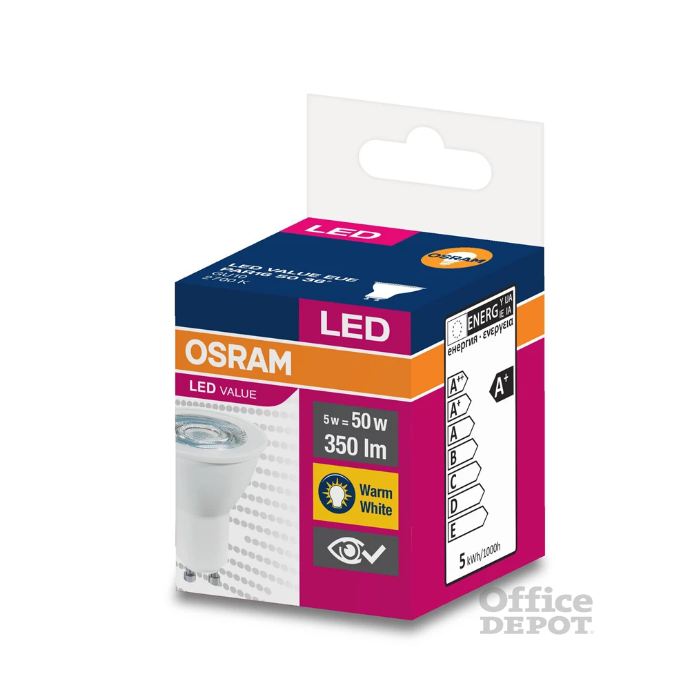 Osram Value PAR16 műanyag ház/5W/350lm/2700K/GU10/230V/36fok/70lm/W LED spot izzó