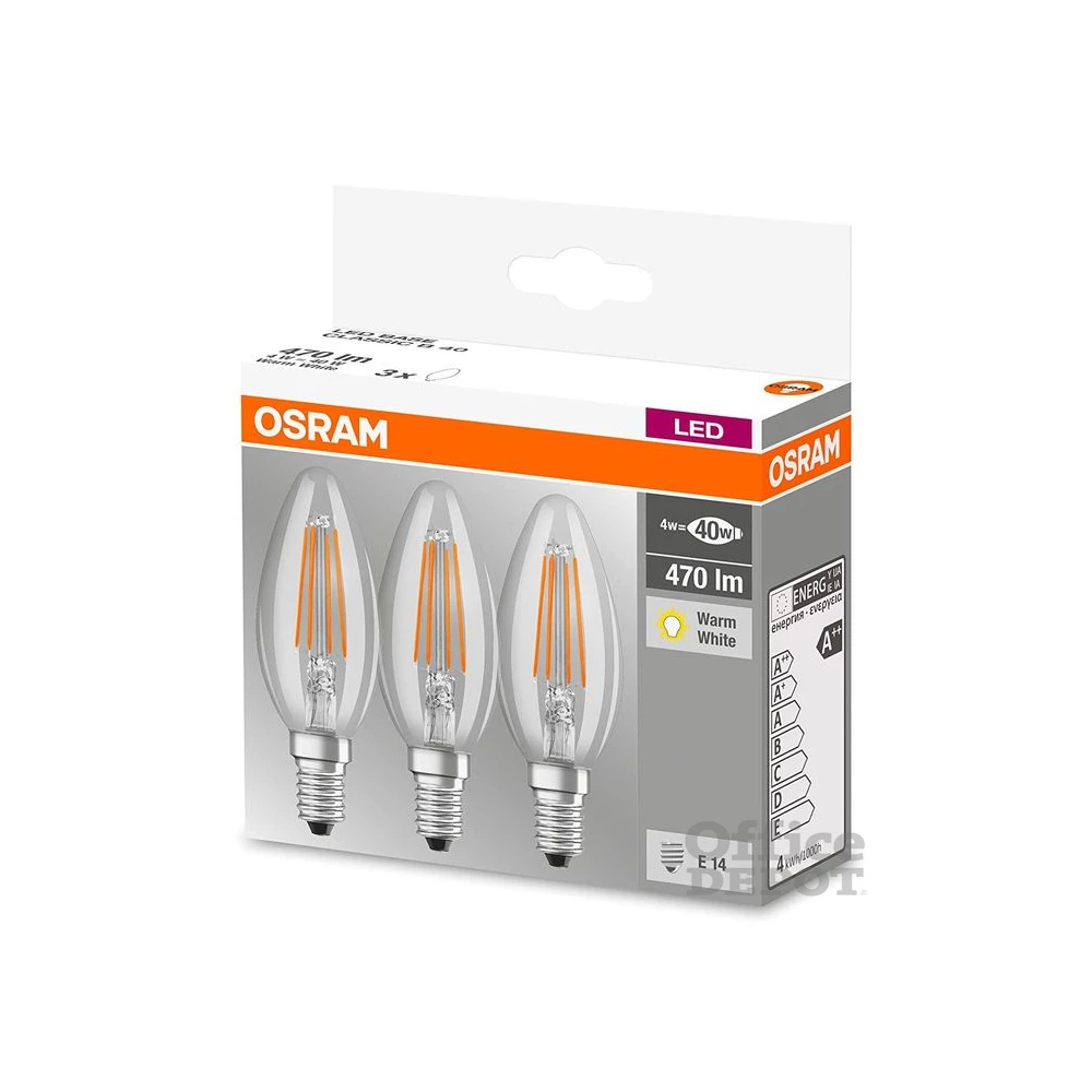 Osram Base átlátszó üveg búra/4W/470lm/2700K/E14/dobozos LED gyertya izzó 3 db