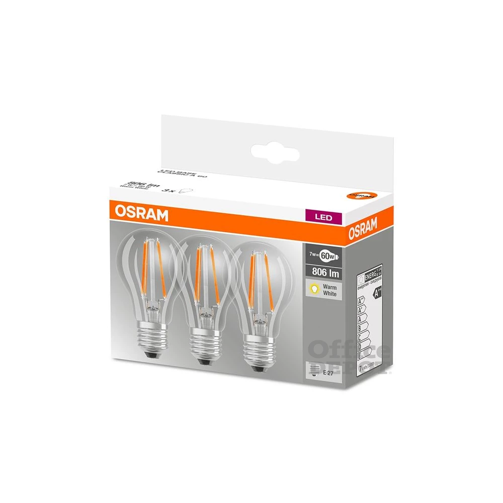 Osram Base átlátszó üveg búra/7W/806lm/2700K/E27/dobozos LED körte izzó 3 db
