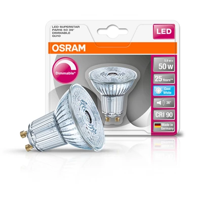 Osram Superstar PAR16 üveg ház/5,5W/350lm/4000K/GU10/230V dimmelhető LED spot izzó Osram Superstar PAR16 üveg ház/5,5W/350lm/4000K/GU10/230V dimmelhető LED spot izzó