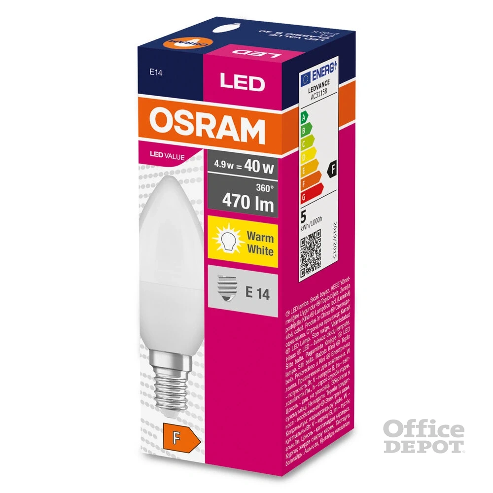 Osram Value opál búra/4,9W/827lm/2700K/E14 LED gyertya izzó