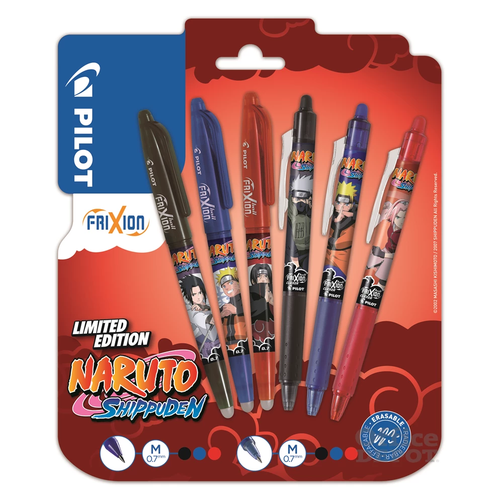 Pilot FriXion NARUTO SHIPPUDEN Limitált kiadás Ball és Clicker fekete, kék, piros, 6 db-os rollerirón