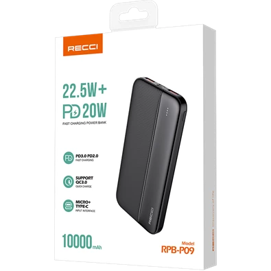 Recci RPB-P09B PD 20W TypeC 10.000mAh fekete power bank Recci RPB-P09B PD 20W TypeC 10.000mAh fekete power bank