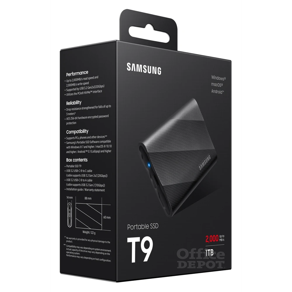 SAMSUNG Portable SSD T9 USB 3.2 Gen 2x2 1TB, Black