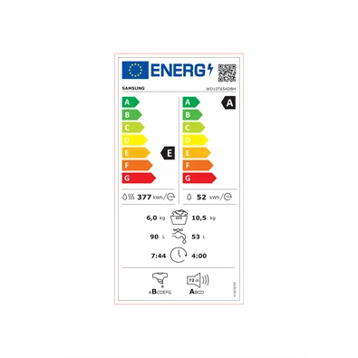 Samsung WD10T654DBH/S6 fehér, elöltöltős, max.1400ford., 10,5 kg/6 kg, mosó-szárítógép