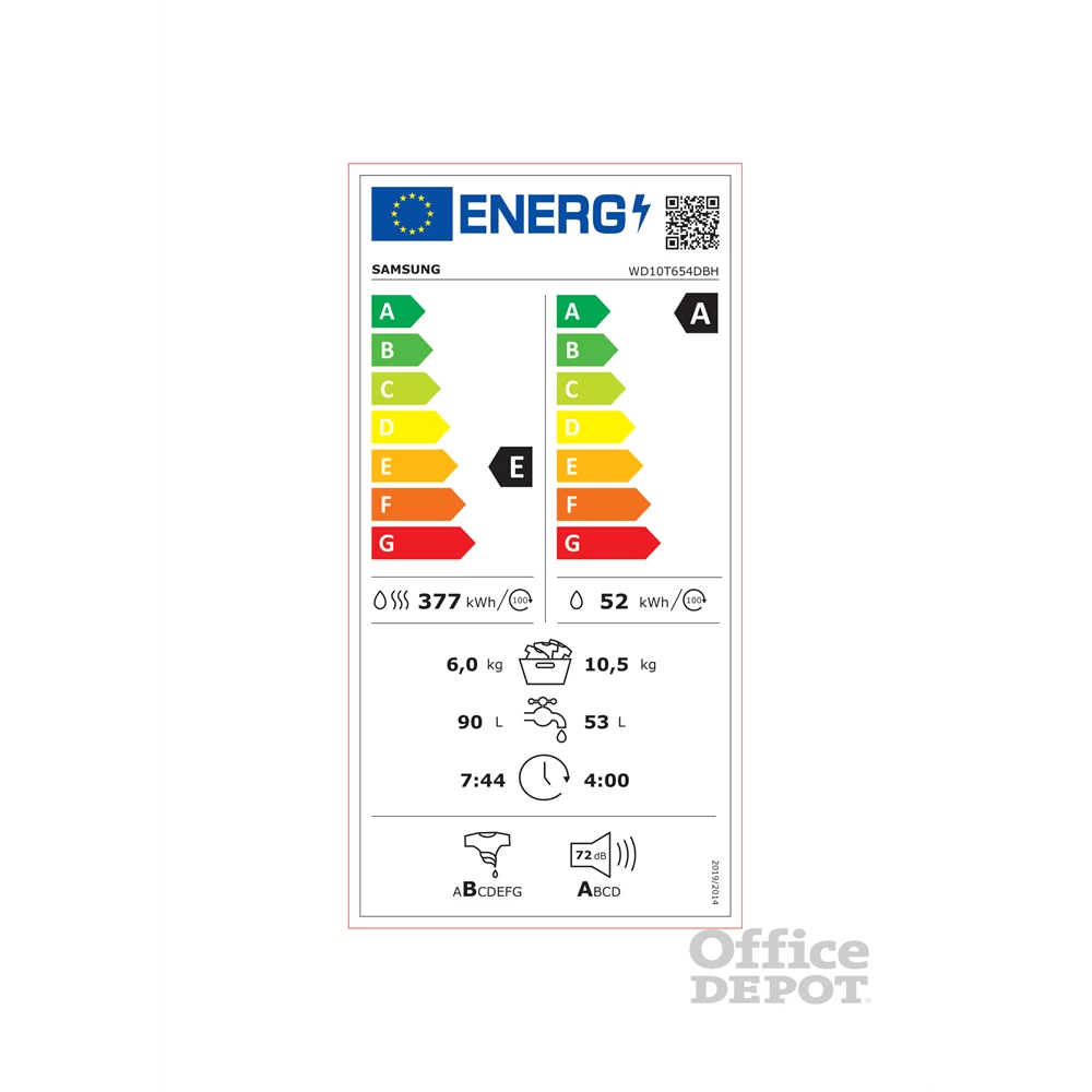 Samsung WD10T654DBH/S6 fehér, elöltöltős, max.1400ford., 10,5 kg/6 kg, mosó-szárítógép