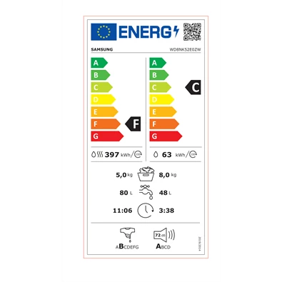 Samsung WD8NK52E0ZW/LE fehér, elöltöltős, max.1200ford., 8 kg/5 kg, mosó-szárítógép