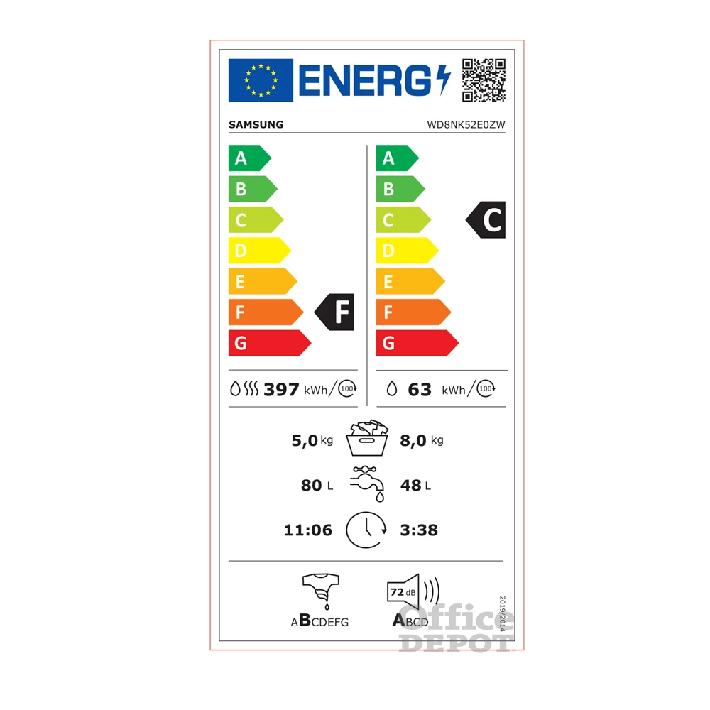 Samsung WD8NK52E0ZW/LE fehér, elöltöltős, max.1200ford., 8 kg/5 kg, mosó-szárítógép