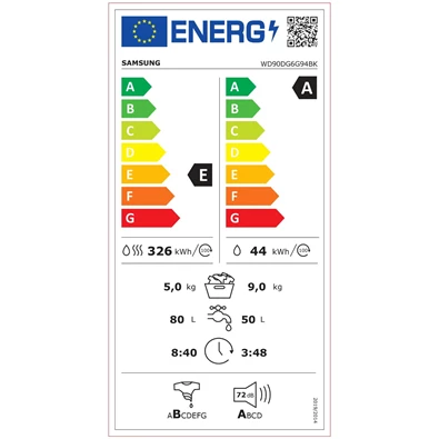 Samsung WD90DG6G94BKU4 fehér, elöltöltős, max.1400ford., 9 kg/5 kg, mosó-szárítógép