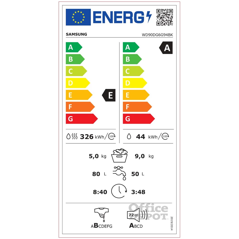 Samsung WD90DG6G94BKU4 fehér, elöltöltős, max.1400ford., 9 kg/5 kg, mosó-szárítógép