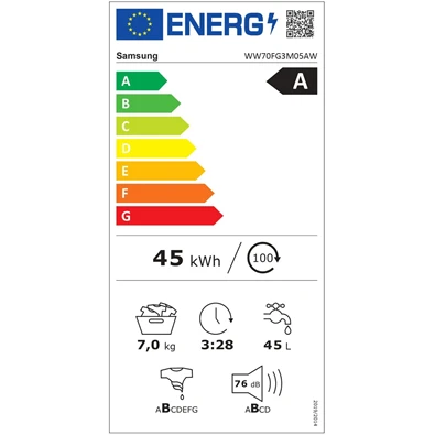 Samsung WW70FG3M05AWLE fehér, elöltöltős, keskeny, max.1400ford., 7 kg, mosógép (Újszerű)
