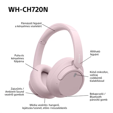 Sony WHCH720NP Bluetooth zajszűrős rózsaszín fejhallgató Sony WHCH720NP Bluetooth zajszűrős rózsaszín fejhallgató