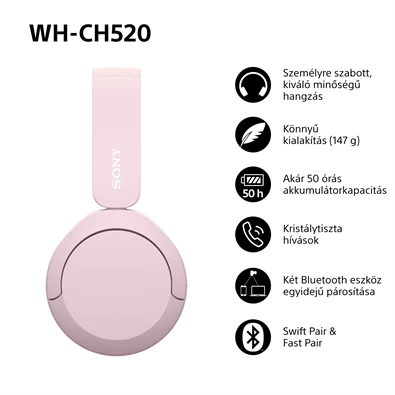 Sony WH-CH520 Bluetooth rózsaszín fejhallgató Sony WH-CH520 Bluetooth rózsaszín fejhallgató