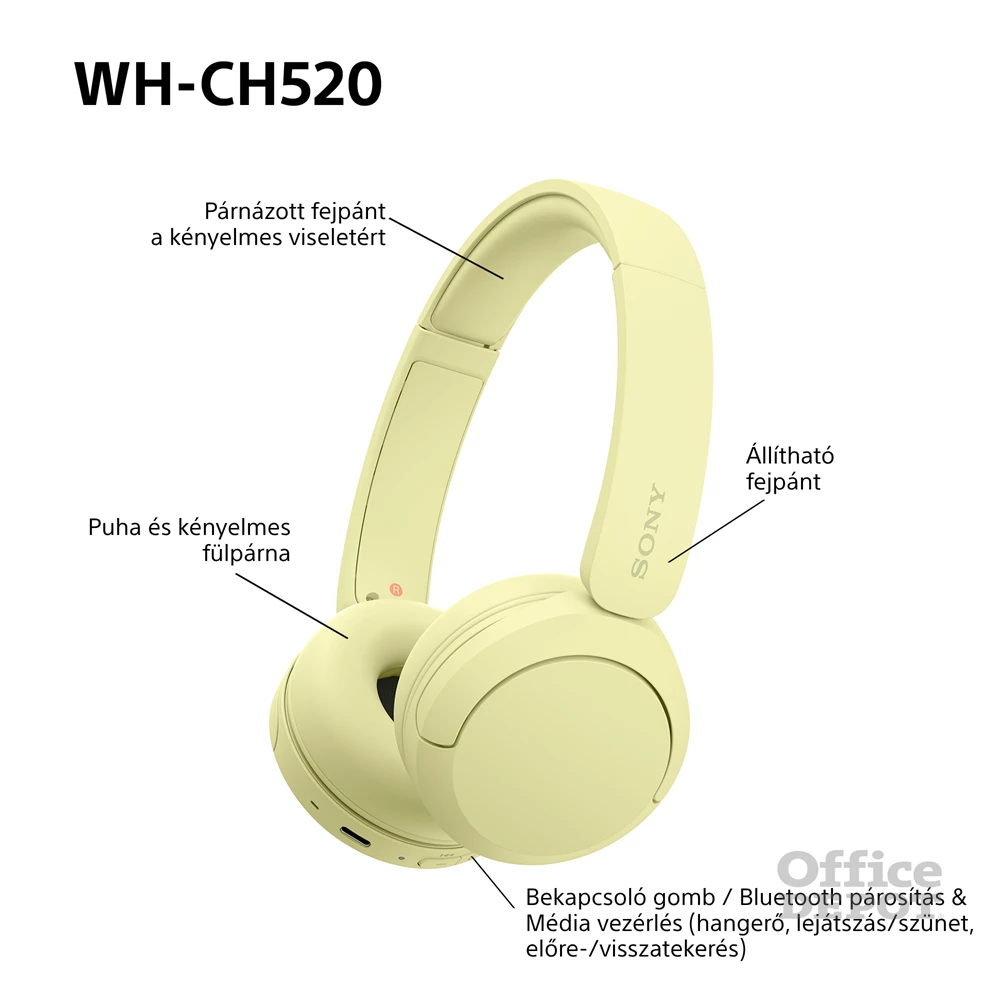 Sony WH-CH520 Bluetooth sárga fejhallgató