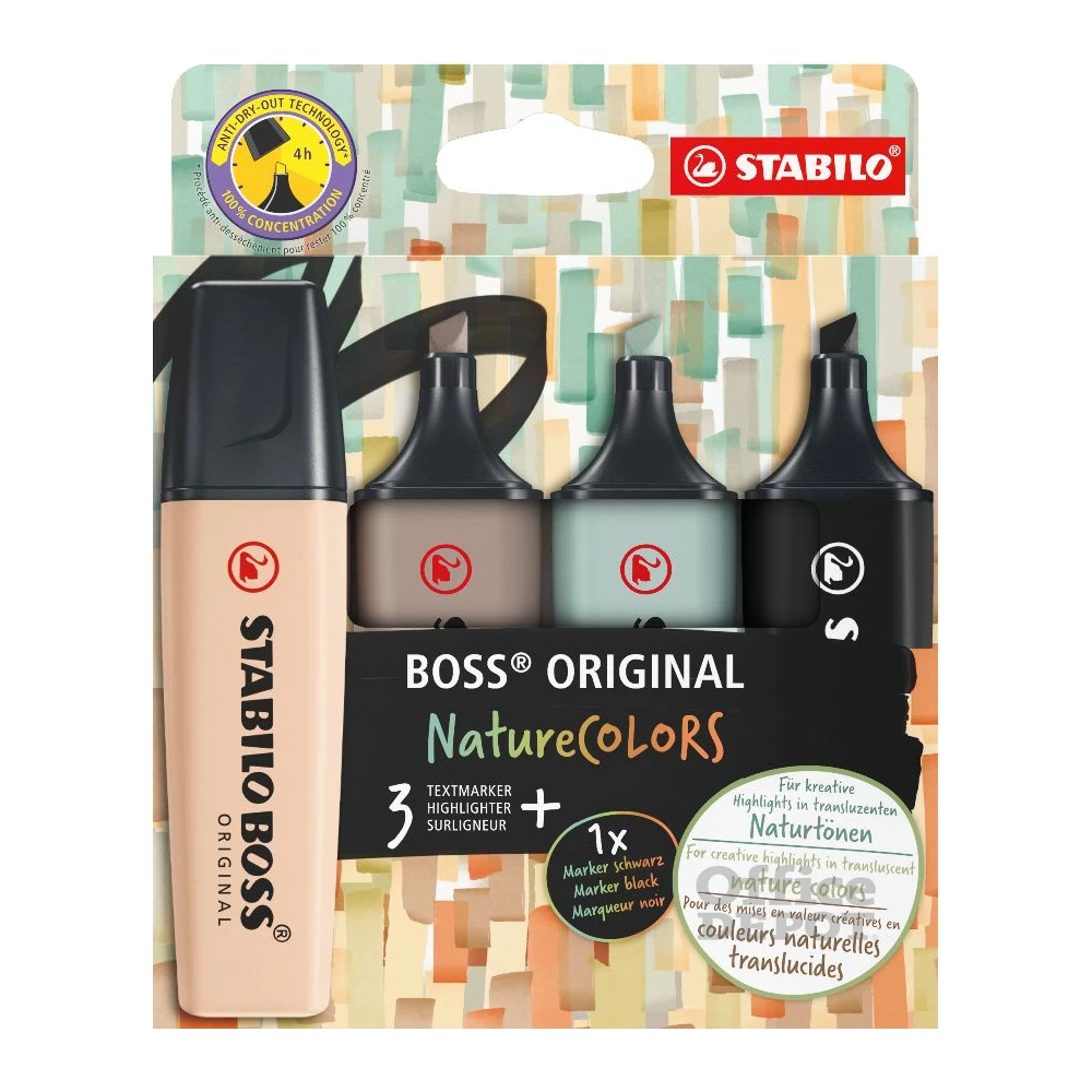 Stabilo BOSS ORIGINAL NatureCOLORS 4 db-os (bőrszín, meleg szürke, földzöld, fekete) szövegkiemelő készlet