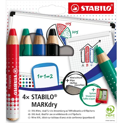 Stabilo MARKdry táblákhoz és flipchartokhoz 4db-os vastag színes táblaceruza készlet törlőkenővel és hegyezővel Stabilo MARKdry táblákhoz és flipchartokhoz 4db-os vastag színes táblaceruza készlet törlőkenővel és hegyezővel