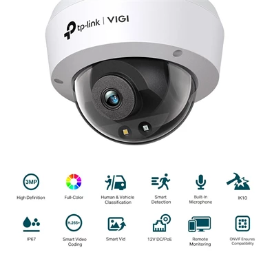 TP-Link VIGI C230 /3MP/2,8mm/kültéri/H265/IR30m/Smart Detection/beépített mikrofon/Full-Color IP dómkamera TP-Link VIGI C230 /3MP/2,8mm/kültéri/H265/IR30m/Smart Detection/beépített mikrofon/Full-Color IP dómkamera