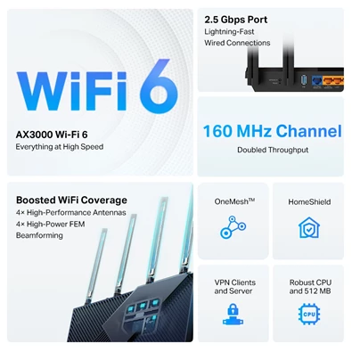 TP-Link Archer AX55 Pro AX3000 Wi-Fi 6 802.11ax Vezeték nélküli Multi-Gigabit Router TP-Link Archer AX55 Pro AX3000 Wi-Fi 6 802.11ax Vezeték nélküli Multi-Gigabit Router