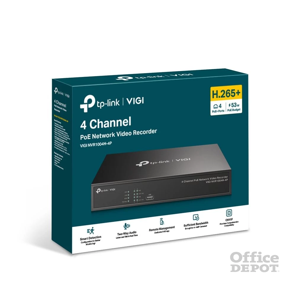 TP-Link VIGI NVR1004H-4P /4 csatorna/H265/80Mbps rögzítés/1x SATA/4x PoE+ hálózati rögzítő (NVR)