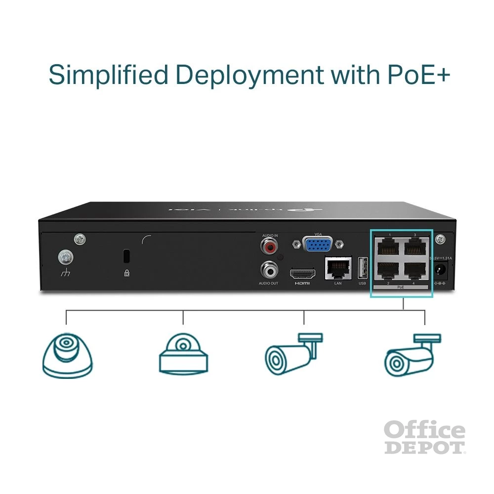 TP-Link VIGI NVR1004H-4P /4 csatorna/H265/80Mbps rögzítés/1x SATA/4x PoE+ hálózati rögzítő (NVR)
