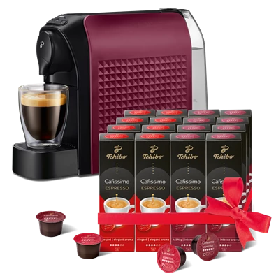 Tchibo Cafissimo Easy Dark Red kapszulás kávéfőző +Caf. Espresso Elegant Aroma 8x10db +Caf.Espresso Intense Aroma 8x10db Tchibo Cafissimo Easy Dark Red kapszulás kávéfőző +Caf. Espresso Elegant Aroma 8x10db +Caf.Espresso Intense Aroma 8x10db