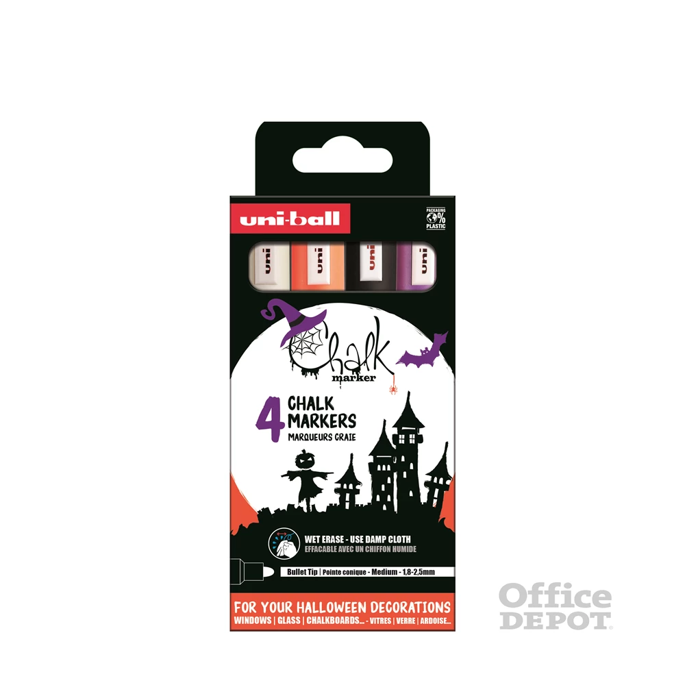 Uni Chalk NI PWE-5M Halloween 4db-os folyékony krétafilc készlet (fehér, fekete, fl narancs, lila)