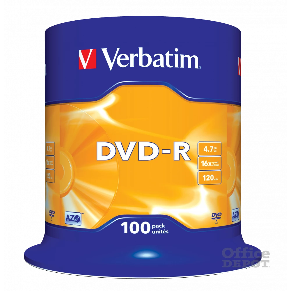 VERBATIM 43549 DVD-R 4,7GB/16x/matt ezüst írható felület/egyszer írható DVD 100db/csomag
