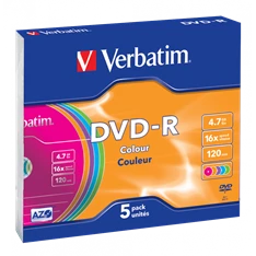 VERBATIM 43557 DVD-R 4,7GB/16x/színes írható felület/egyszer írható DVD 5db/csomag