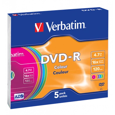 VERBATIM 43557 DVD-R 4,7GB/16x/színes írható felület/egyszer írható DVD 5db/csomag