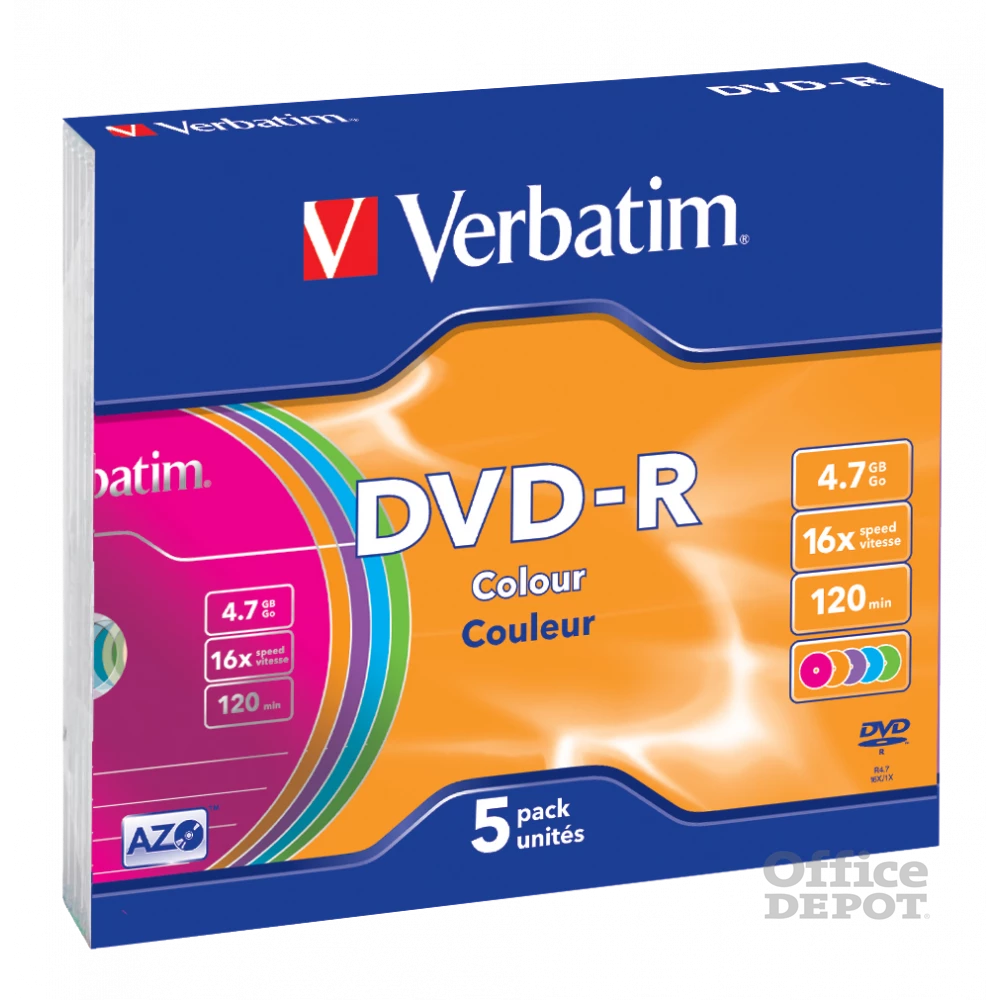 VERBATIM 43557 DVD-R 4,7GB/16x/színes írható felület/egyszer írható DVD 5db/csomag