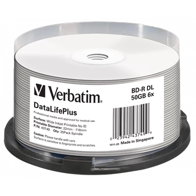 VERBATIM 43749 BD-R 50GB/kétrétegű/6x/nyomtatható felület/egyszer írható Blu-Ray 25db/csomag VERBATIM 43749 BD-R 50GB/kétrétegű/6x/nyomtatható felület/egyszer írható Blu-Ray 25db/csomag