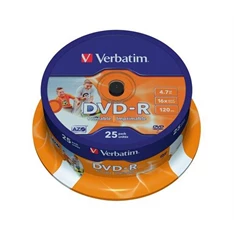 VERBATIM 43538 DVD-R 4,7GB/16x/nyomtatható felület/egyszer írható DVD 25db/csomag VERBATIM 43538 DVD-R 4,7GB/16x/nyomtatható felület/egyszer írható DVD 25db/csomag
