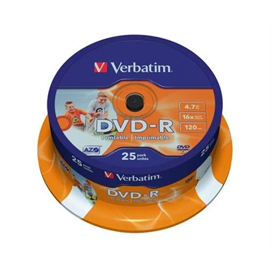 VERBATIM 43538 DVD-R 4,7GB/16x/nyomtatható felület/egyszer írható DVD 25db/csomag VERBATIM 43538 DVD-R 4,7GB/16x/nyomtatható felület/egyszer írható DVD 25db/csomag