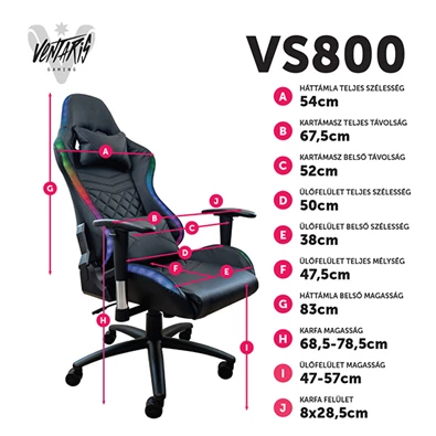 Ventaris VS800LED LED világítással fekete gamer szék Ventaris VS800LED LED világítással fekete gamer szék