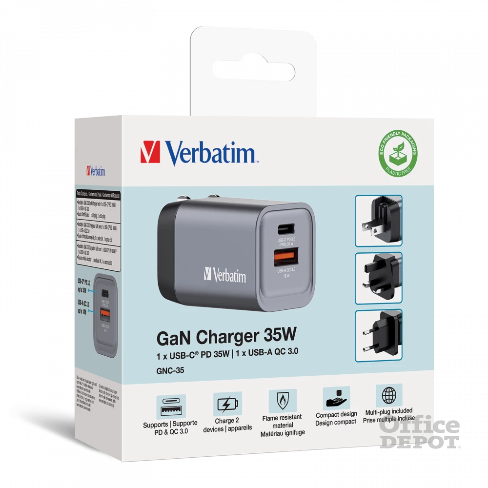 Verbatim 32200 GNC-35 GaN Charger 35W USB Type-A + Type-C hálózati töltő adapter