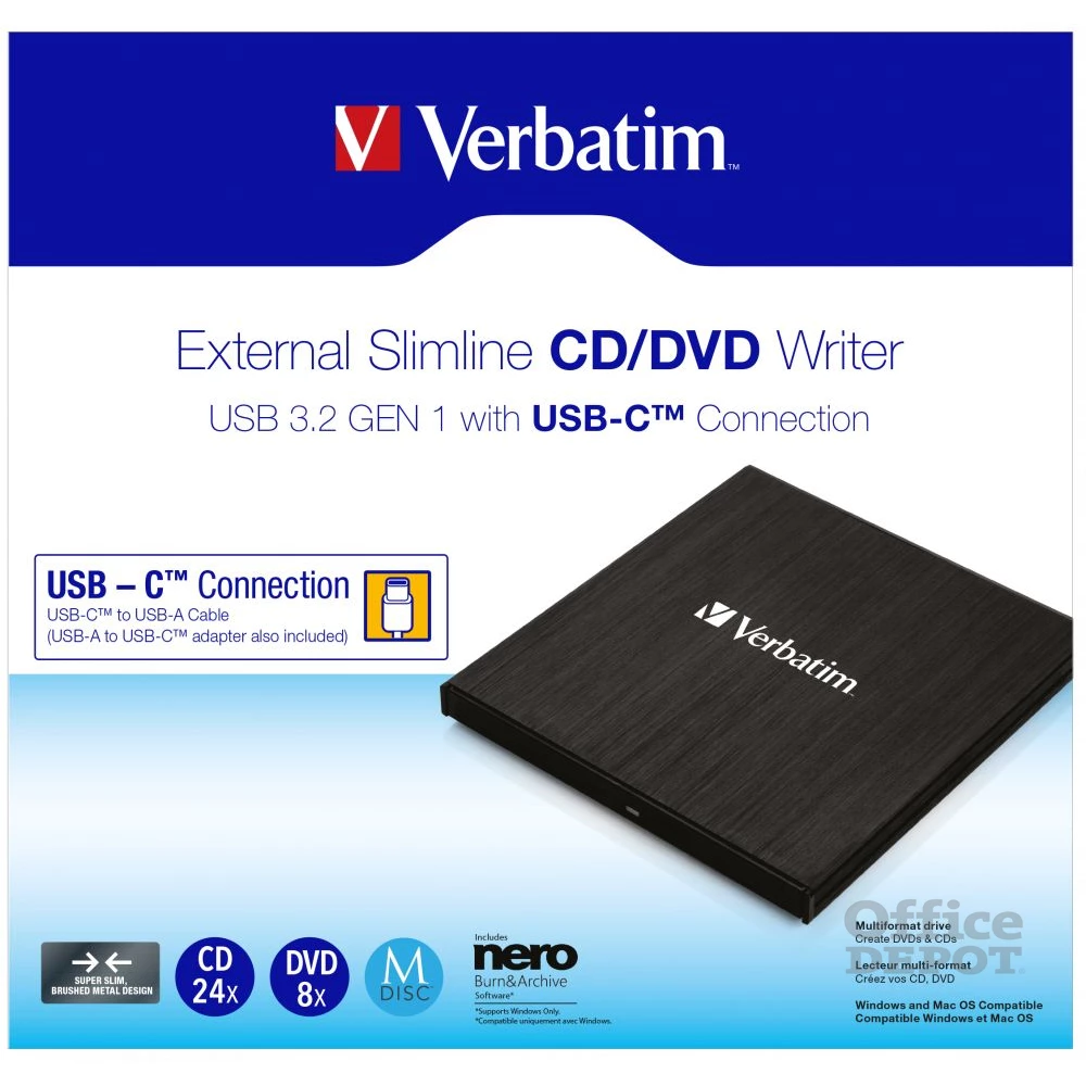 Verbatim 43886 USB 3.2 GEN 1 USB-CTM External Slimline CD/ DVD optikai meghajtó