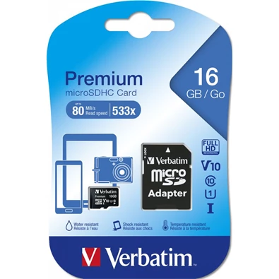 Verbatim 44082 SDHC 16GB U1 Class 10 micro memóriakártya + adapter Verbatim 44082 SDHC 16GB U1 Class 10 micro memóriakártya + adapter