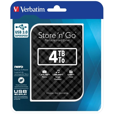 Verbatim 53223 Store `n` Go 2,5" 4TB USB 3.0 SuperSpeed fekete külső winchester Verbatim 53223 Store `n` Go 2,5" 4TB USB 3.0 SuperSpeed fekete külső winchester