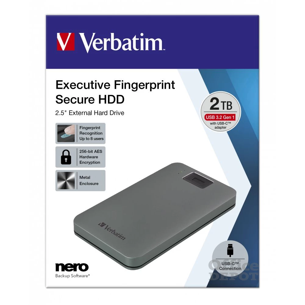 Verbatim 53653 Executive 2TB USB 3.2 Gen 1/USB-C szürke FIPS titkosított külső winchester