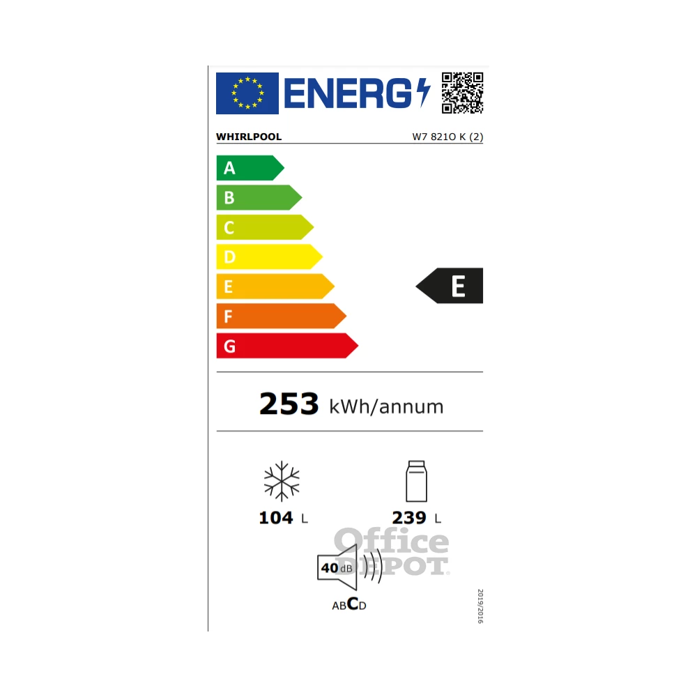 Whirlpool W7 821O K fekete, alulfagyasztós, Hűtő:239L, Fagyasztó:104L, Total No frost hűtőszekrény