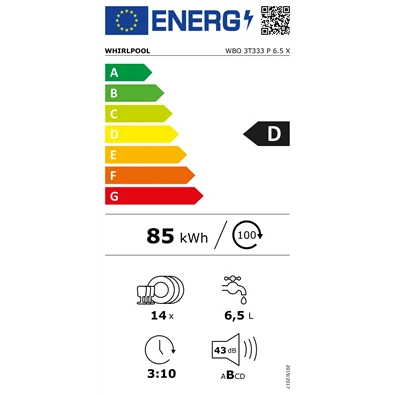 Whirlpool WBO 3T333 P 6.5 X programok száma: 11, beépíthető, 14 terítékes mosogatógép 