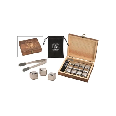 WoMa fekete bársonyzacskóval és csipesszel 12 db-os rozsdamentes acél whisky jégkocka készlet fadobozban