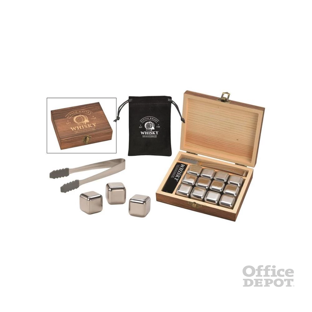 WoMa fekete bársonyzacskóval és csipesszel 12 db-os rozsdamentes acél whisky jégkocka készlet fadobozban