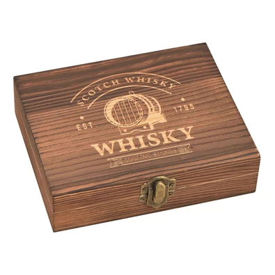 WoMa fekete bársonyzacskóval és csipesszel 12 db-os rozsdamentes acél whisky jégkocka készlet fadobozban