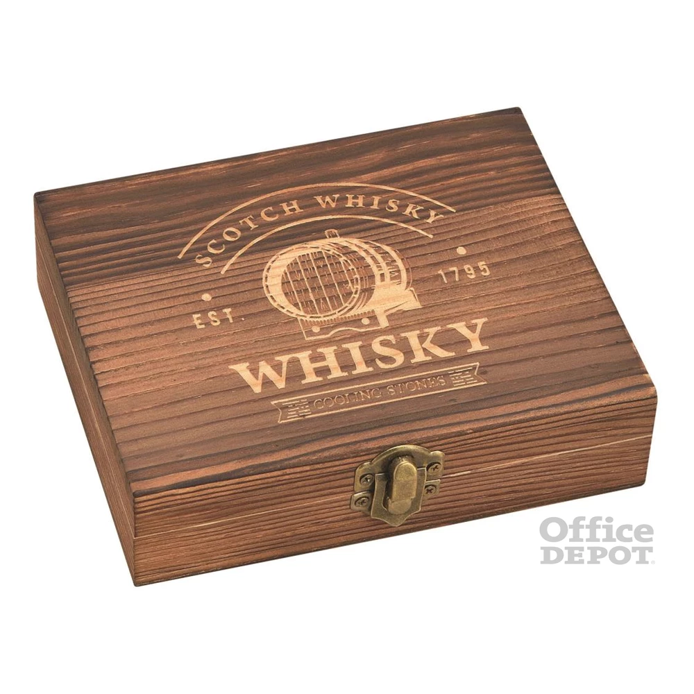 WoMa fekete bársonyzacskóval és csipesszel 12 db-os rozsdamentes acél whisky jégkocka készlet fadobozban