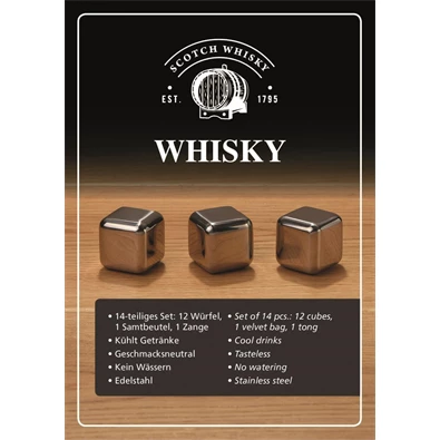 WoMa fekete bársonyzacskóval és csipesszel 12 db-os rozsdamentes acél whisky jégkocka készlet fadobozban