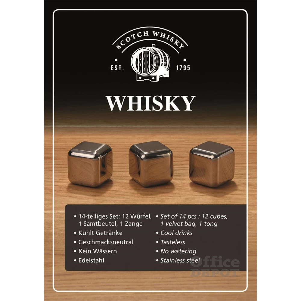 WoMa fekete bársonyzacskóval és csipesszel 12 db-os rozsdamentes acél whisky jégkocka készlet fadobozban